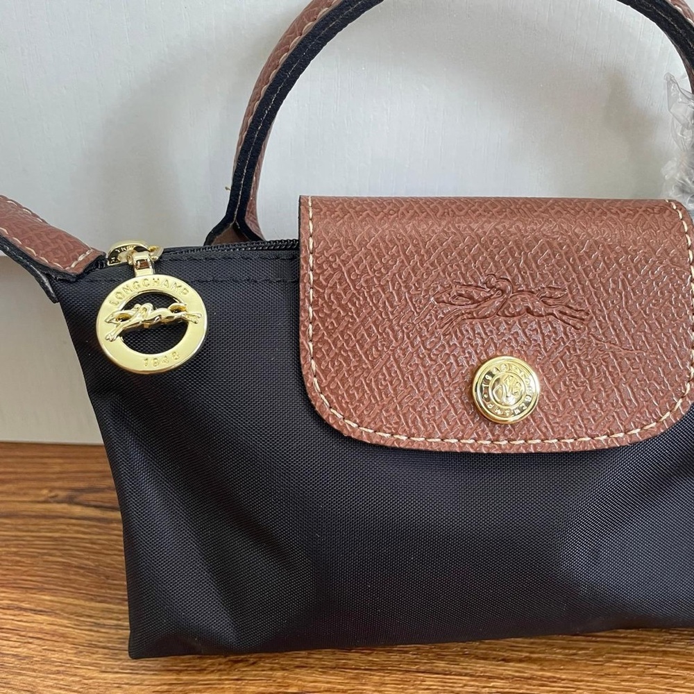 Longchamp Black Mini Top-Handle Bag with Brown Trim - Picture 5 of 10